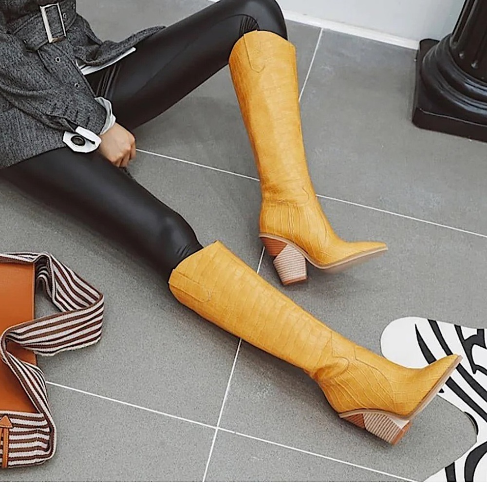 Yellow Croc Print Western Boot